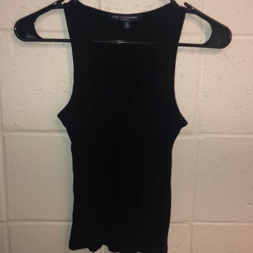 V- neck lace up black tank top